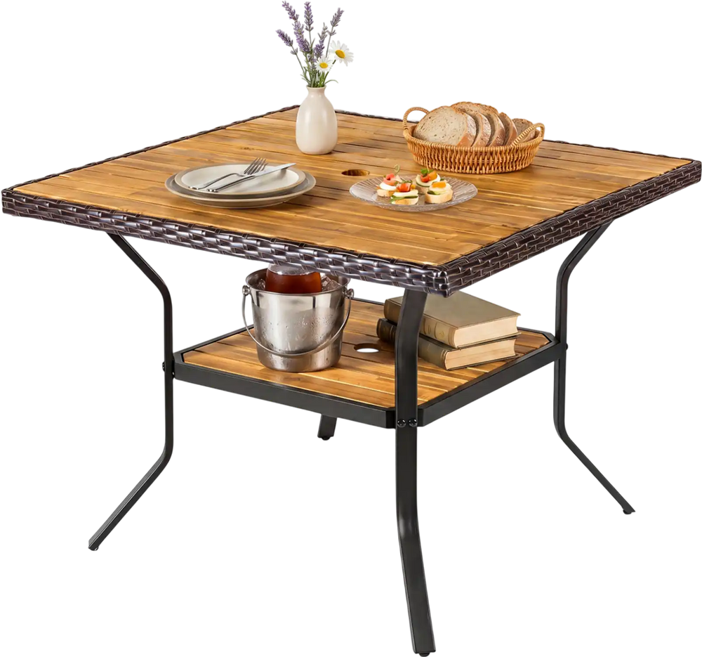 Square outdoor dining table for 4 with acacia wood top, wicker-wrapped edges, and a 2" umbrella hole for patio use.