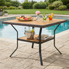 Square outdoor dining table for 4 with acacia wood top, wicker-wrapped edges, and 2" umbrella hole for versatile use.