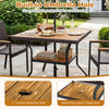Square outdoor dining table for 4 with acacia wood tabletop, 2" umbrella hole, and sturdy metal frame for patio use.