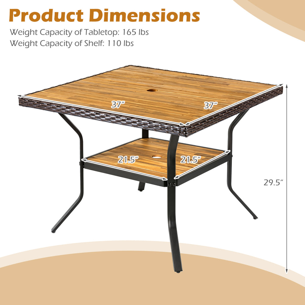 37" square outdoor dining table with acacia wood tabletop, metal frame, and 2" umbrella hole, perfect for patios and gardens.