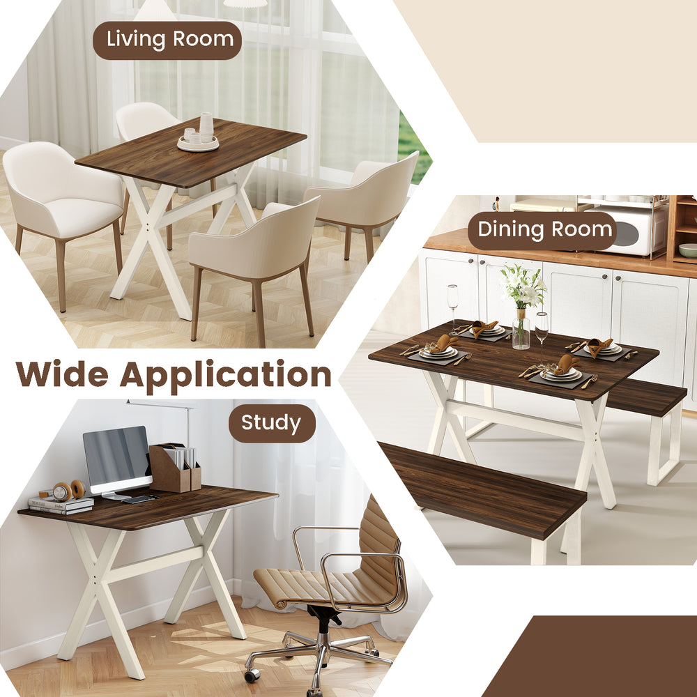 Modern dining table with X-shaped frame in white, featuring a spacious wood grain surface for versatile use in dining.