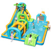 Inflatable tropical water slide park featuring dual slides, splash pool, and fun obstacles for kids' outdoor play.