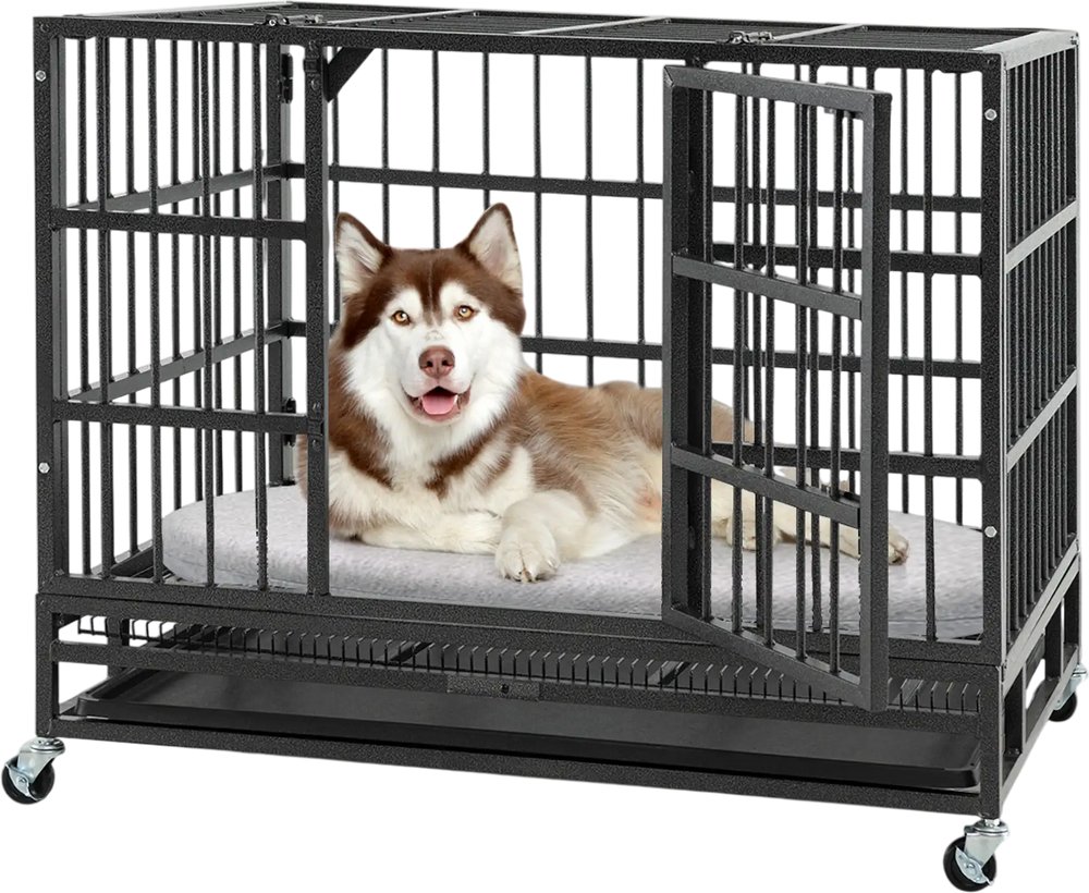 Heavy-duty 38-inch metal dog cage with lockable rolling casters, featuring a pull-out tray for easy cleaning.
