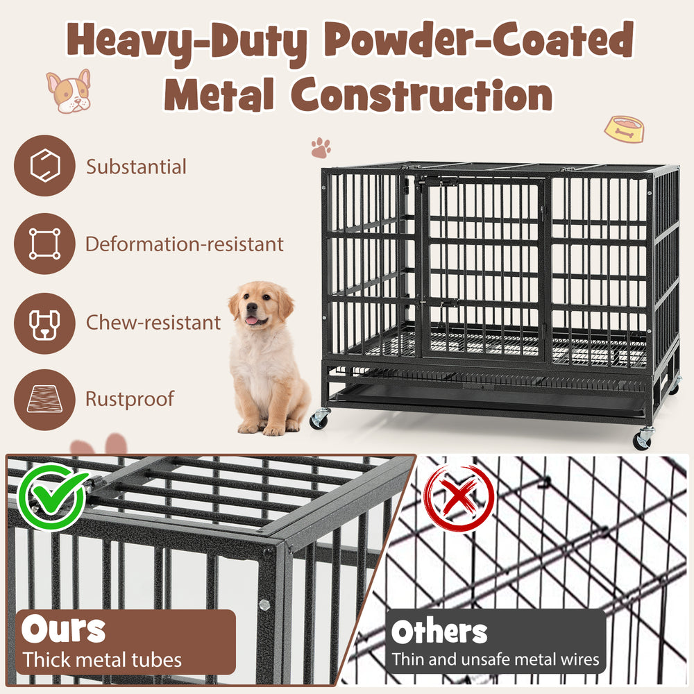 Foldable 38-inch heavy-duty metal dog cage with lockable rolling casters, designed for large dogs and easy transport.