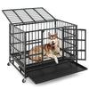Heavy-duty 38-inch metal dog cage with lockable doors and rolling casters, providing a secure and spacious retreat for.