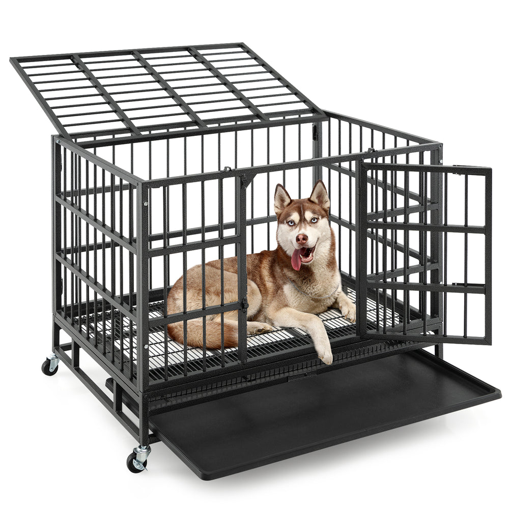 Heavy-duty 38-inch metal dog cage with lockable doors and rolling casters, providing a secure and spacious retreat for.