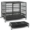 Foldable 38-inch heavy-duty metal dog cage with lockable rolling casters and pull-out tray for easy cleaning.