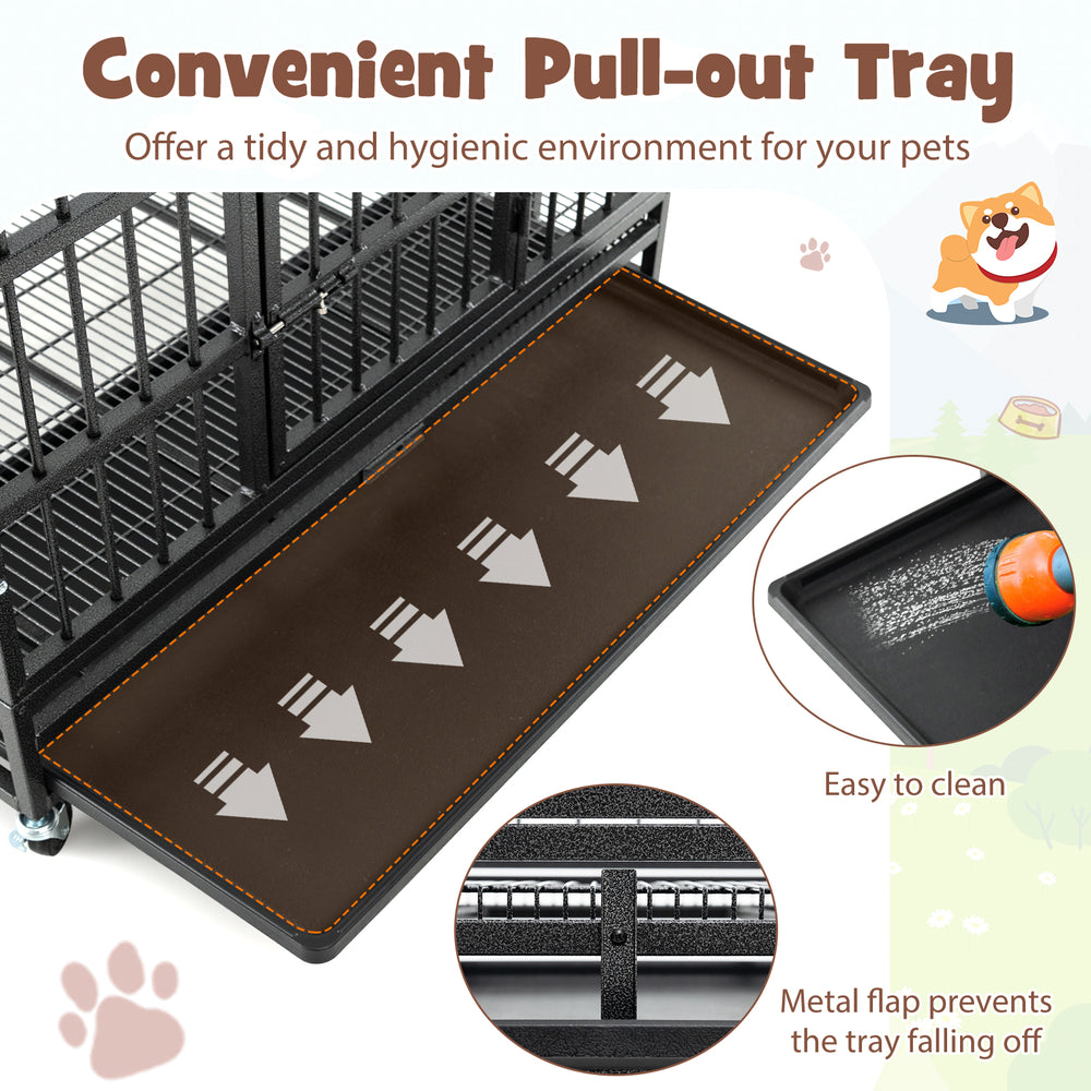 Pull-out tray of a 38-inch foldable metal dog cage, designed for easy cleaning and a hygienic environment for pets.