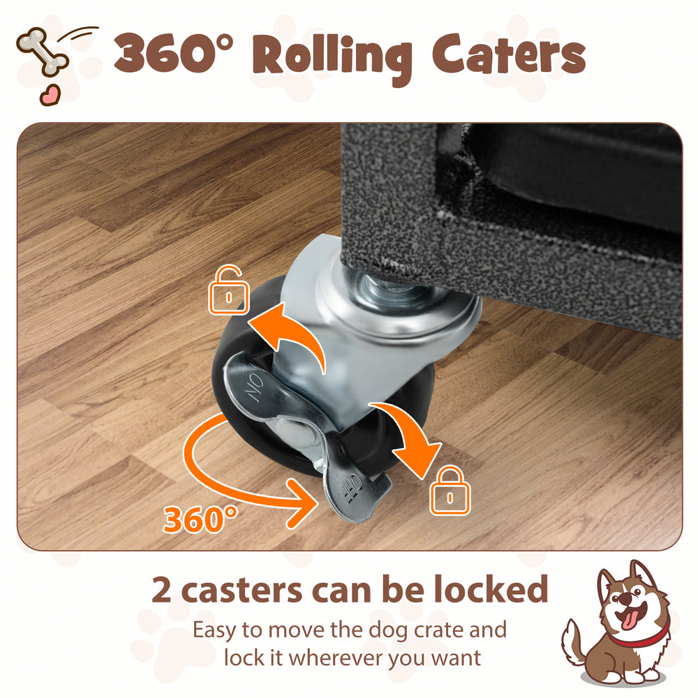 Close-up of a lockable rolling caster for the 38-inch foldable metal dog cage, allowing easy movement and secure.