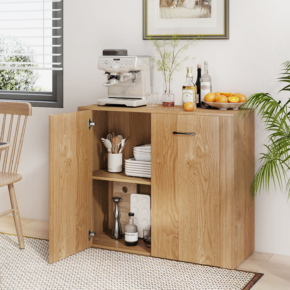Natural wood 38" buffet sideboard cabinet with open shelves and doors, perfect for kitchen or dining room storage.