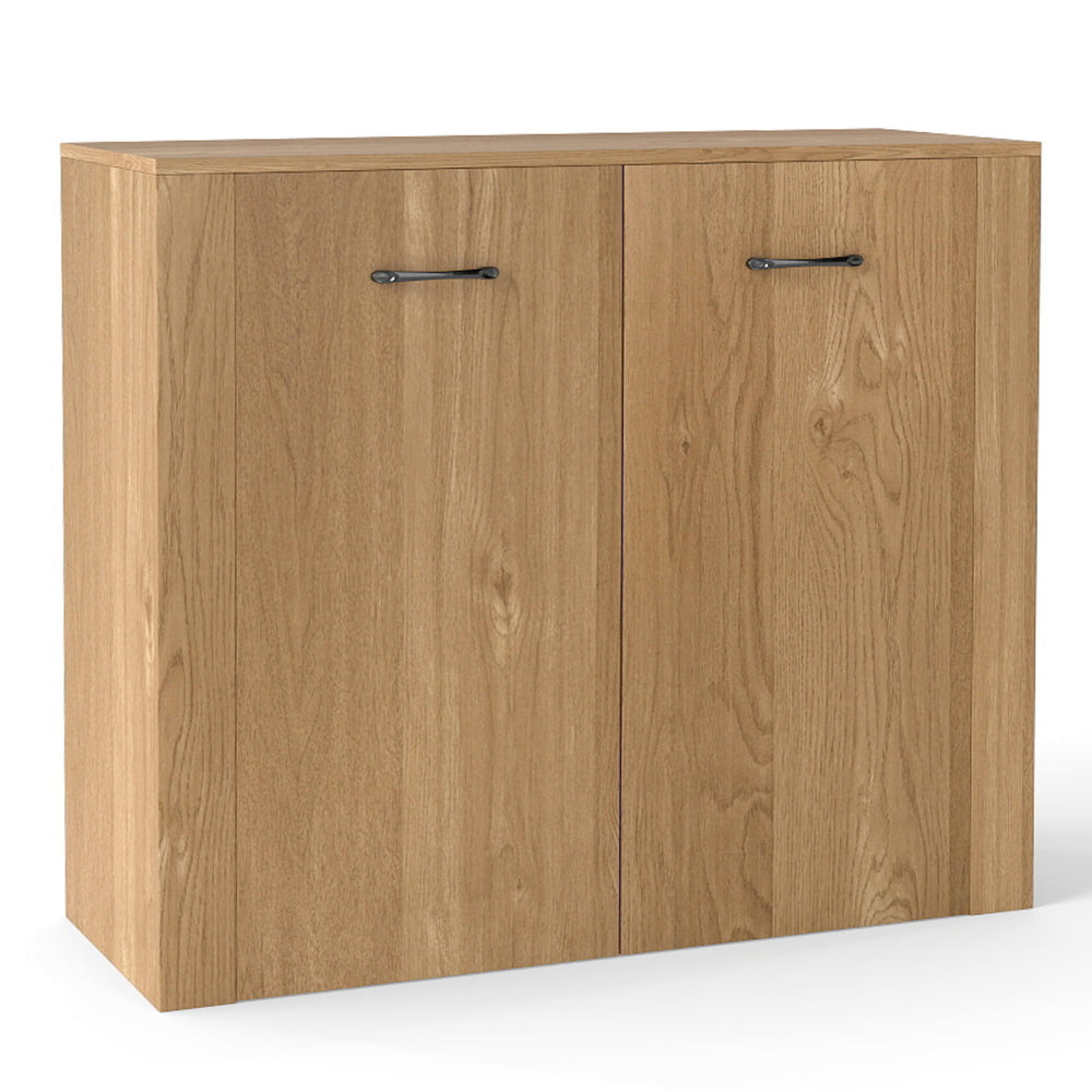 Natural wood 38" buffet sideboard cabinet with two doors, ergonomic handles, and spacious storage for versatile use.
