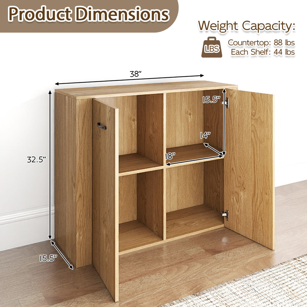 38" modern sideboard cabinet with natural wood finish, featuring 4 shelves and ergonomic handles for versatile storage.