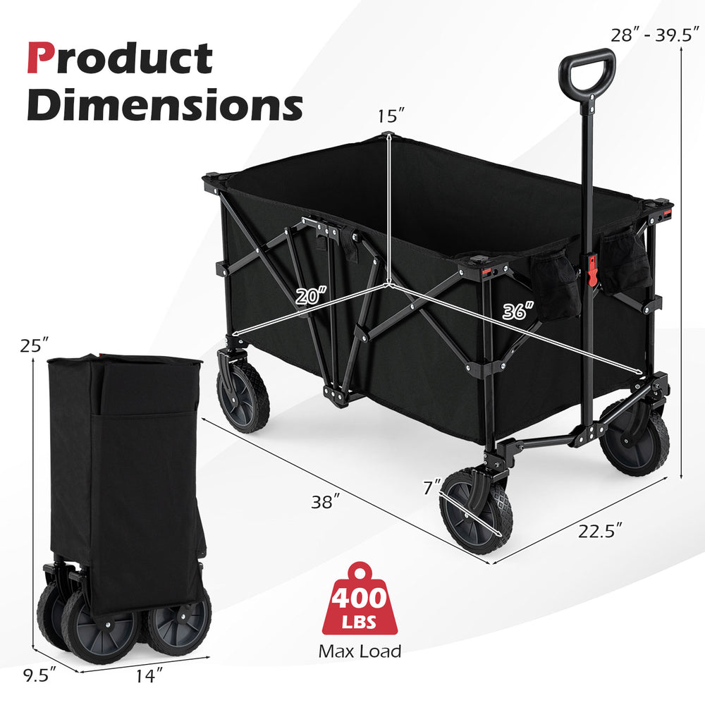 Heavy-duty collapsible wagon cart in black, featuring a sturdy frame, adjustable handle, and 400 lbs capacity for.