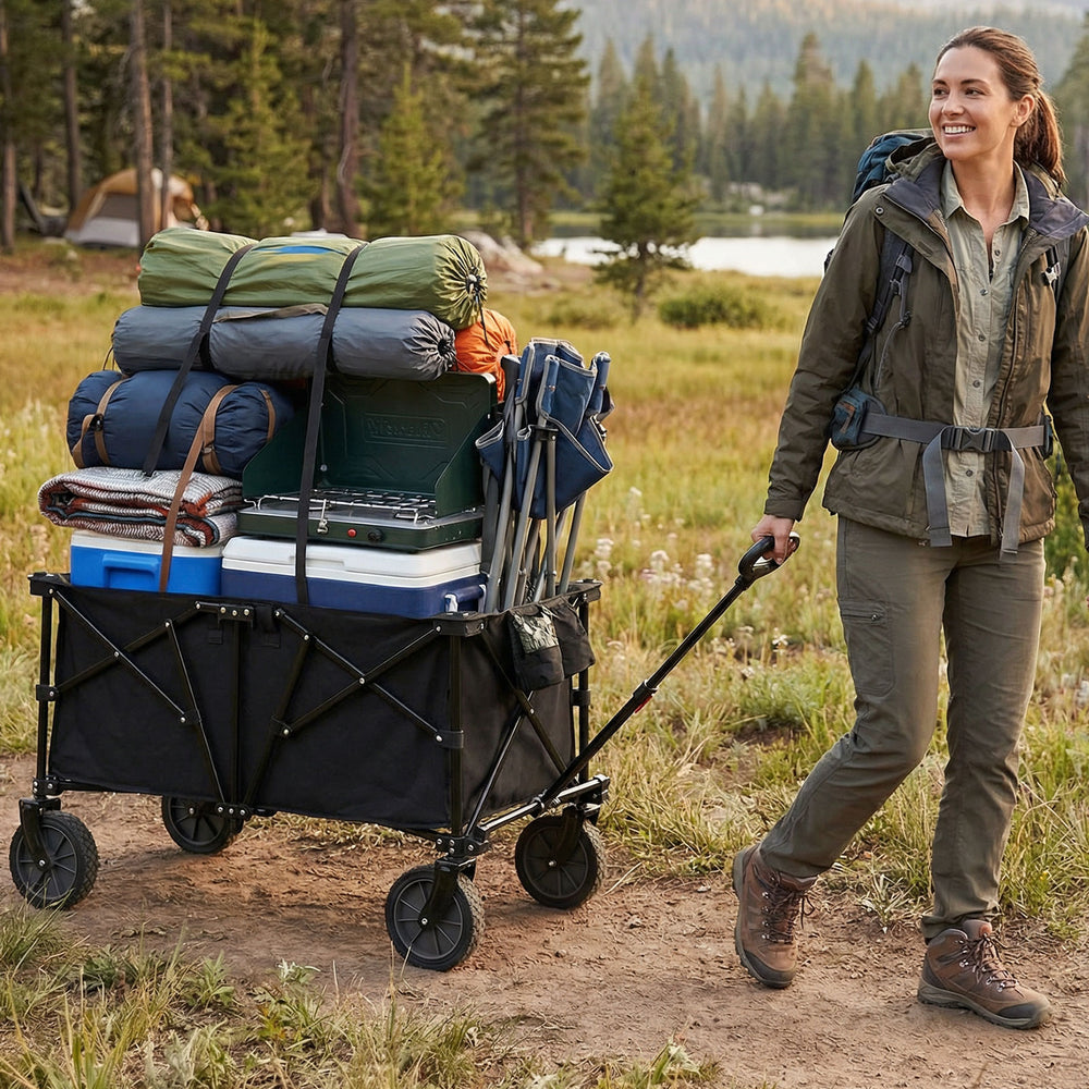 Heavy-duty collapsible wagon cart in black, carrying camping gear, with adjustable handle and all-terrain wheels for.