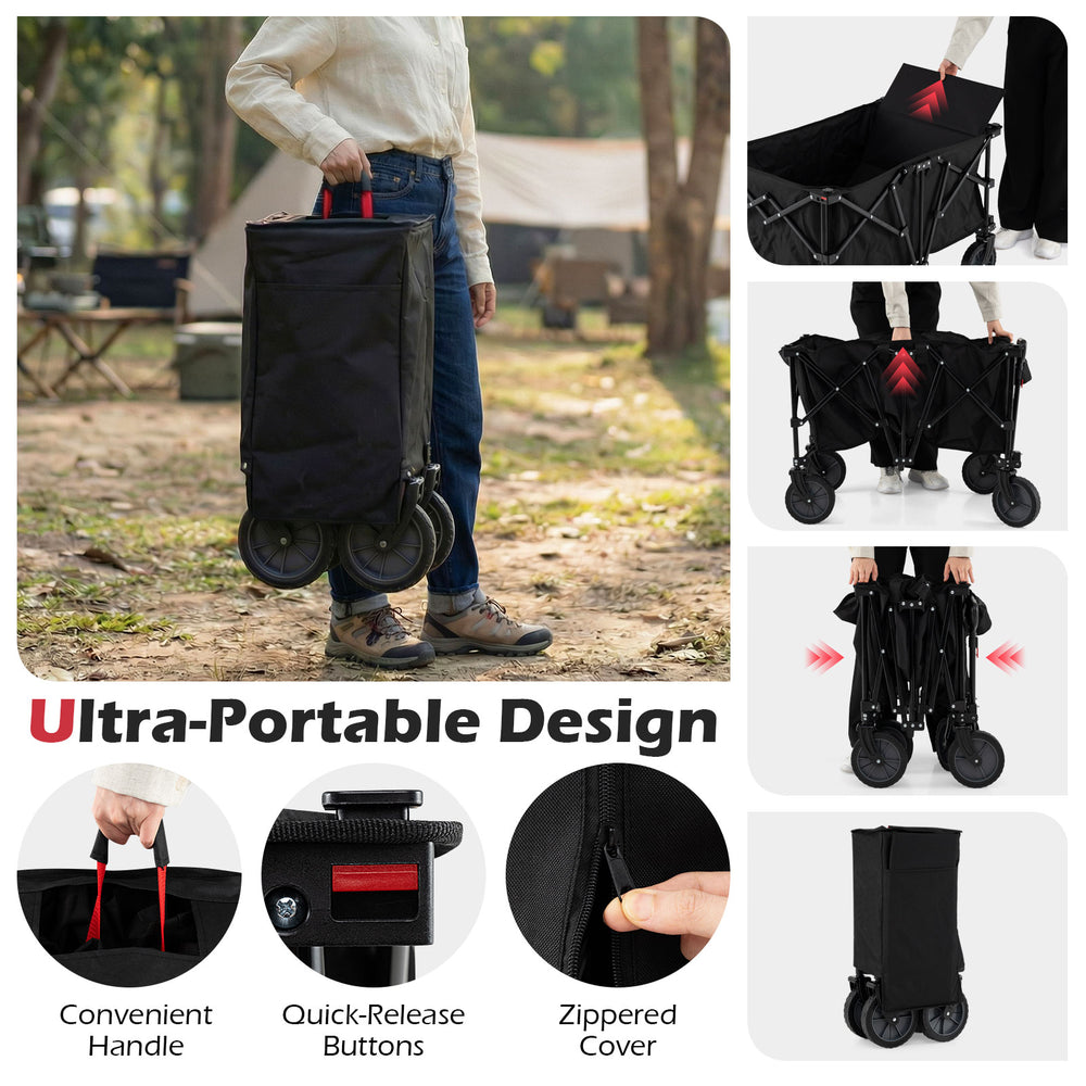 Collapsible wagon cart in black with adjustable handle, zippered cover, and all-terrain wheels for camping and.