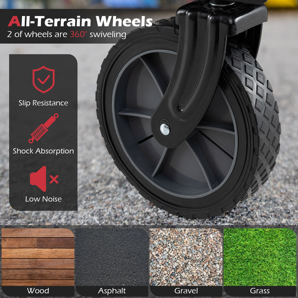 Close-up of all-terrain wheel with 360° swivel, designed for the 38-inch heavy-duty collapsible wagon cart.