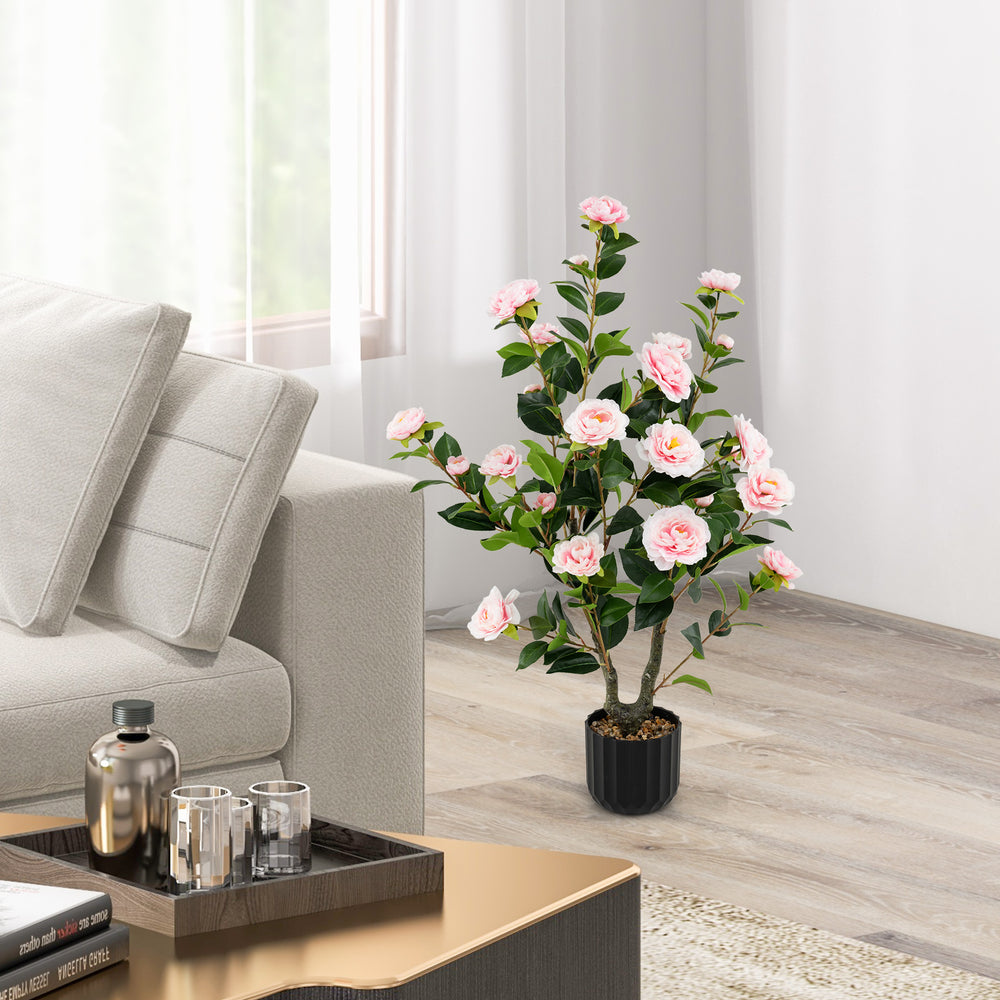 38 Inch Artificial Camellia Tree Faux Flower Plant in Cement Pot-Pink - Gallery View 1 of 8