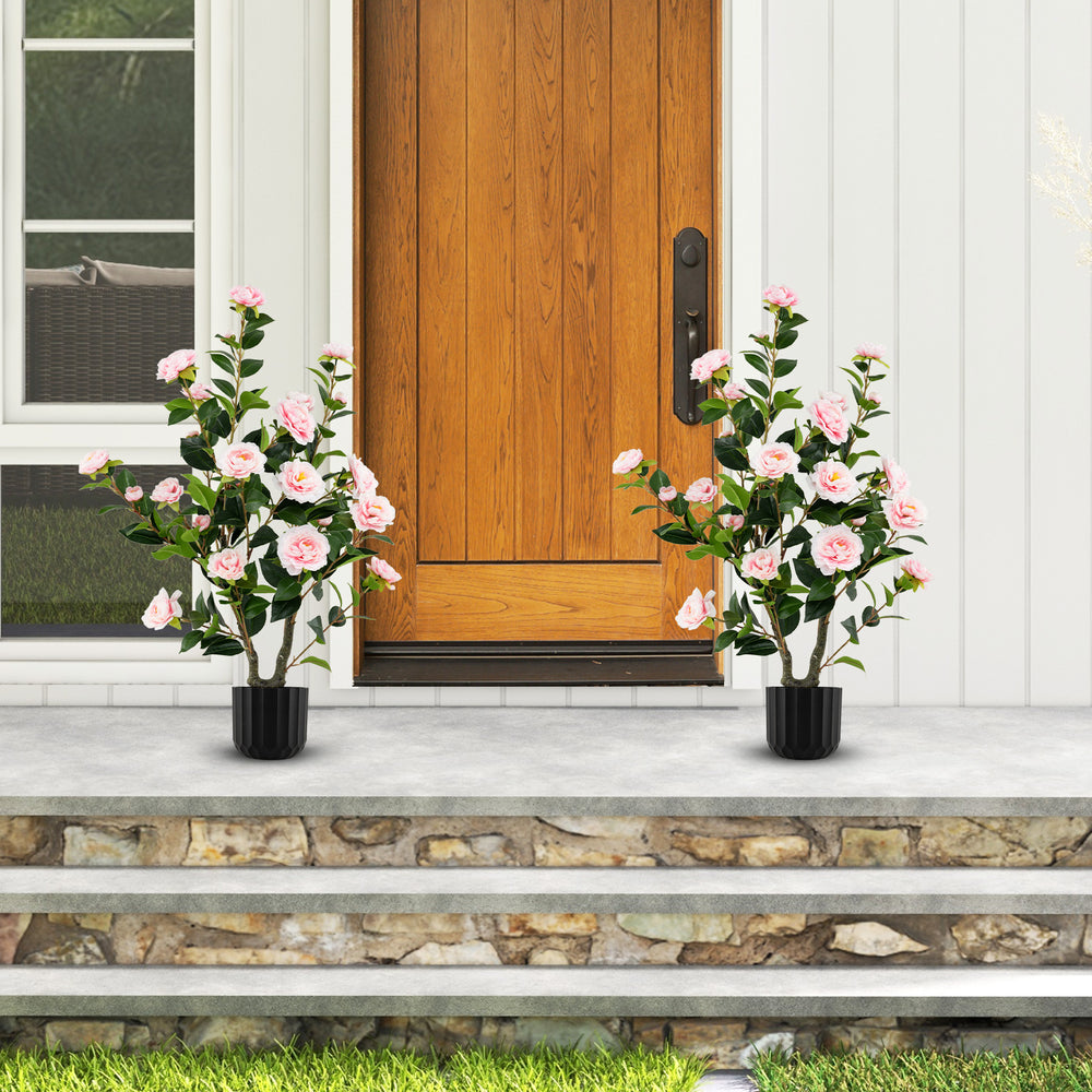 38 Inch Artificial Camellia Tree Faux Flower Plant in Cement Pot 2 Pack-Pink - Gallery View 1 of 8