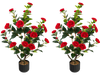 Two 38-inch artificial camellia trees with vibrant red flowers and durable PE trunks, perfect for year-round decoration.