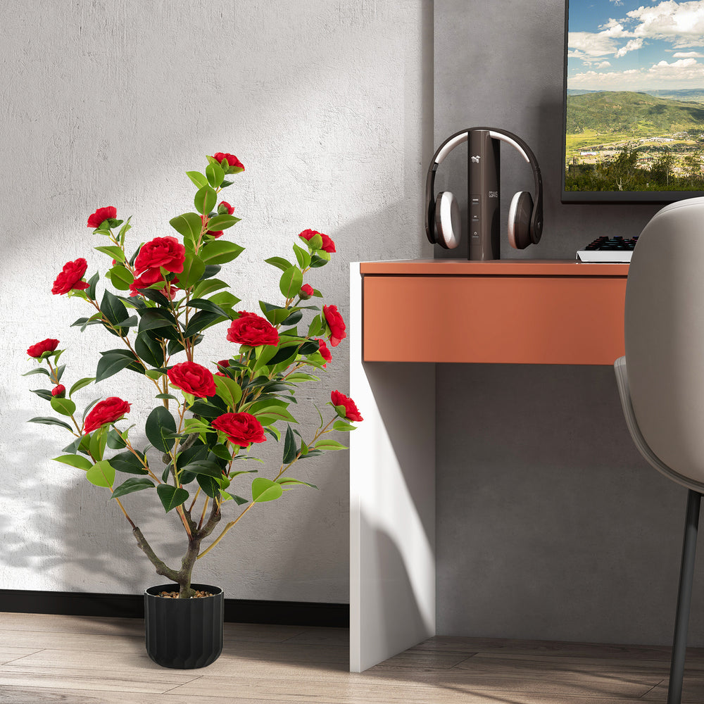 Single 38-inch artificial camellia tree with lush red flowers and realistic trunk in a sturdy cement pot for elegant.