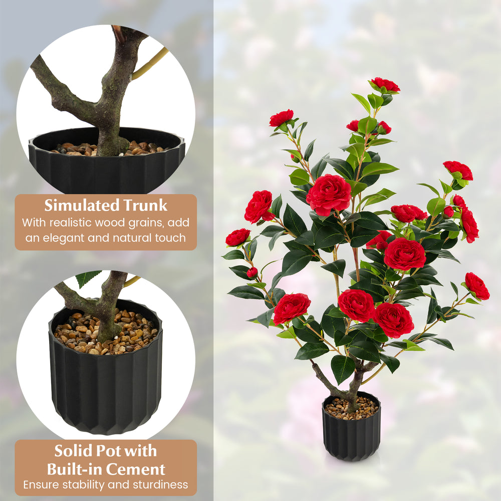 38-inch artificial camellia tree with red flowers and realistic trunk in a solid cement pot, perfect for year-round.