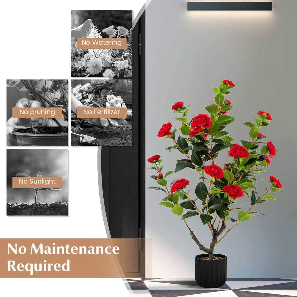 38-inch artificial camellia tree with red flowers in a cement pot, requiring no maintenance for year-round decoration.