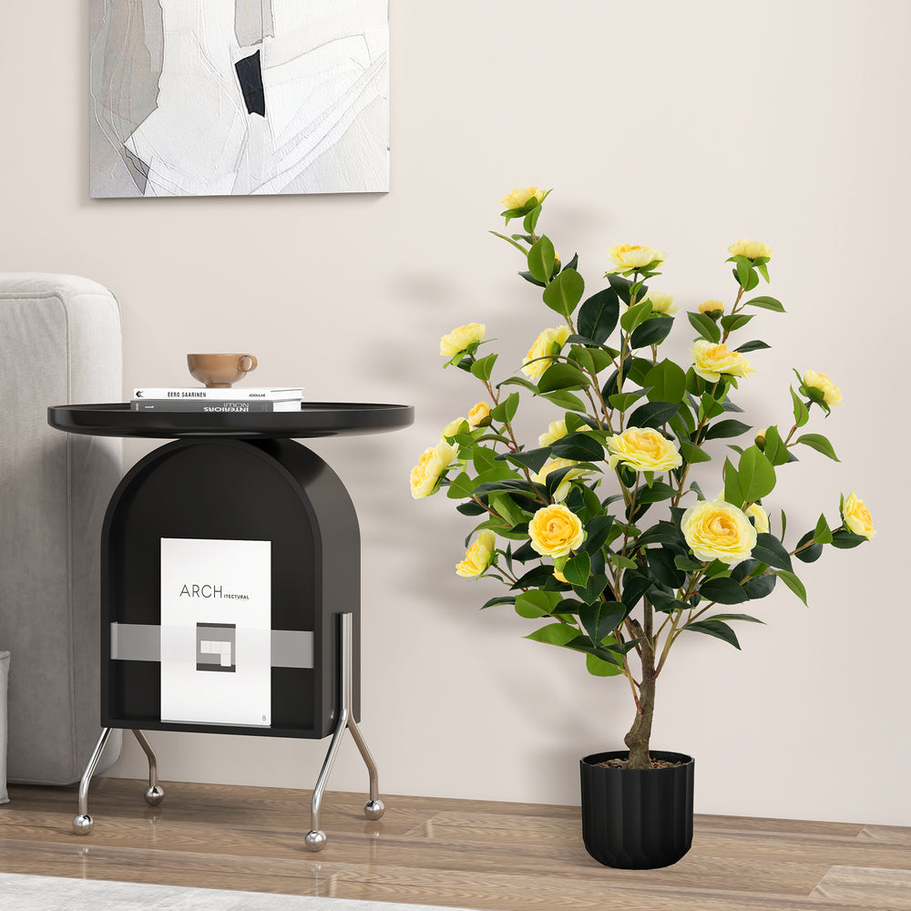 38 Inch Artificial Camellia Tree Faux Flower Plant in Cement Pot 2 Pack-Yellow - Gallery View 1 of 11