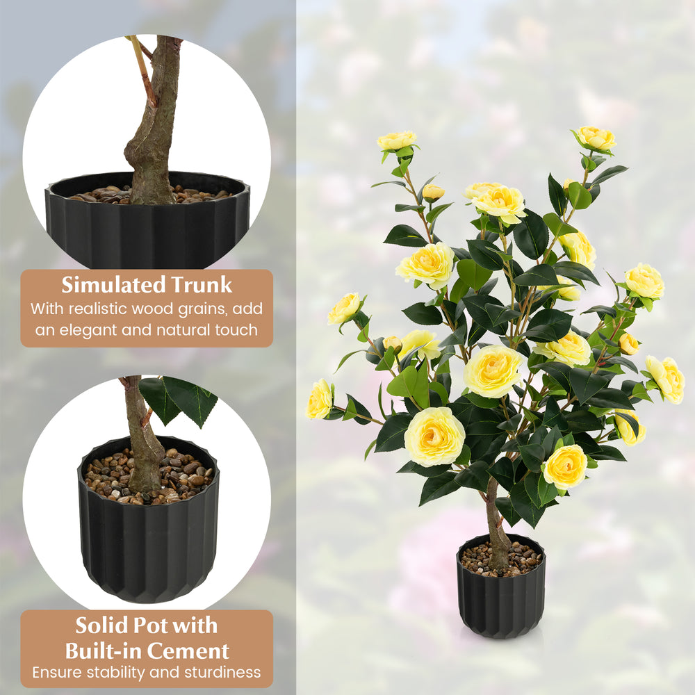 38-inch artificial camellia tree with yellow flowers in a solid cement pot, perfect for year-round decoration.