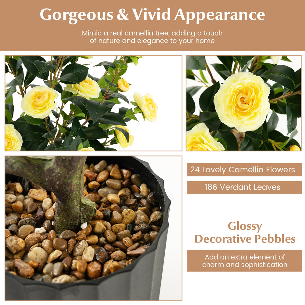 38-inch artificial camellia tree with yellow flowers and glossy pebbles in a cement pot, perfect for year-round decor.