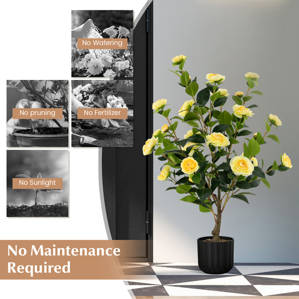 38-inch artificial camellia tree with yellow flowers in a cement pot, requiring no maintenance for year-round.
