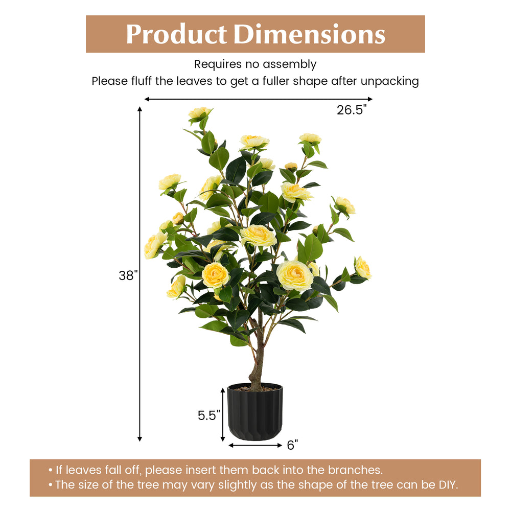 38-inch artificial camellia tree with yellow flowers in a cement pot, perfect for year-round decoration and easy.
