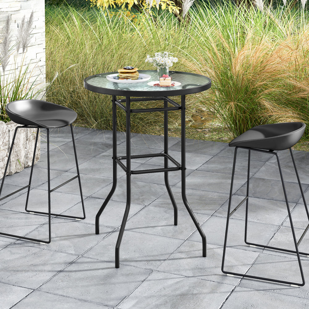 38-inch patio bar table with a tempered glass tabletop and sturdy metal frame, ideal for outdoor gatherings.
