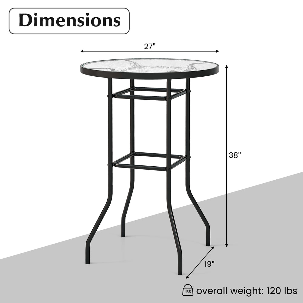 38-inch patio bar table with a tempered glass tabletop and sturdy metal frame, ideal for outdoor use.