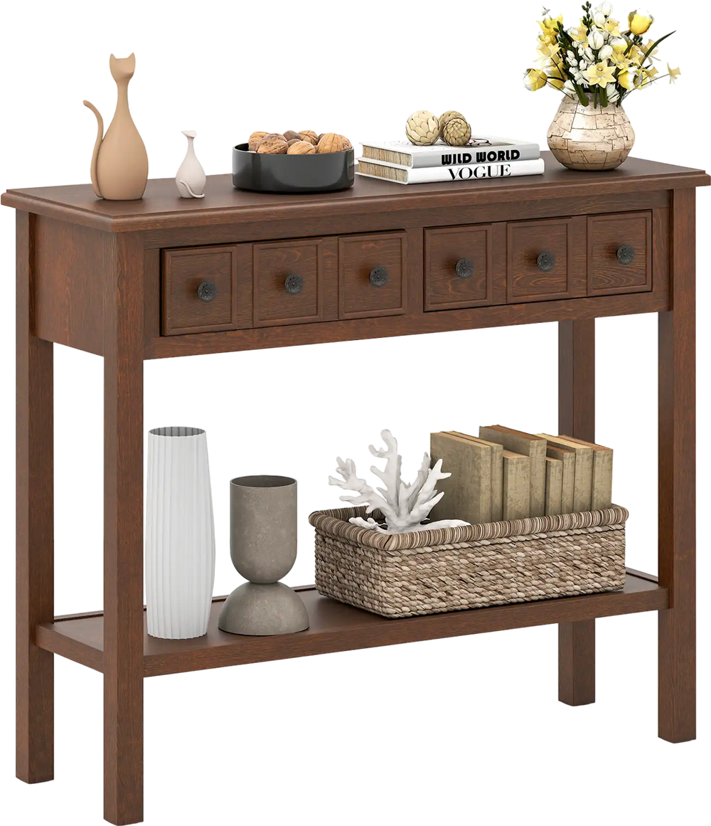 Rustic 38-inch console table in espresso with 2 drawers and open shelf, perfect for entryway or living room decor.