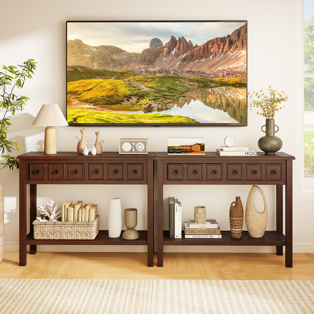 Rustic 38-inch espresso console table with 2 drawers and open bottom shelf, perfect for entryway or living room decor.