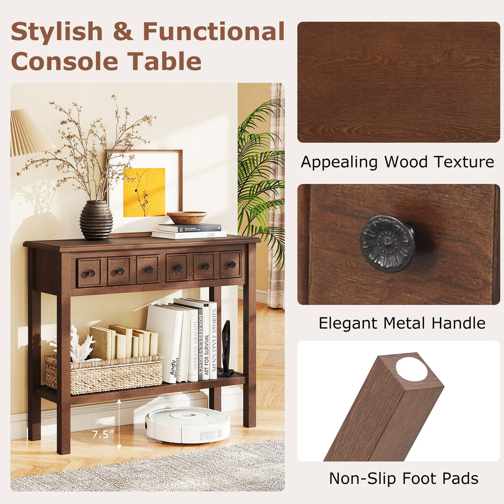 Rustic 38-inch console table in espresso with 2 drawers, open shelf, and elegant metal handles for entryway decor.