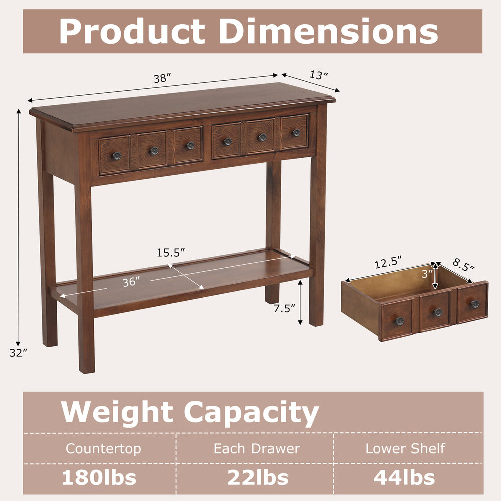 Rustic 38-inch console table in espresso with 2 drawers and bottom shelf, perfect for entryway or living room storage.
