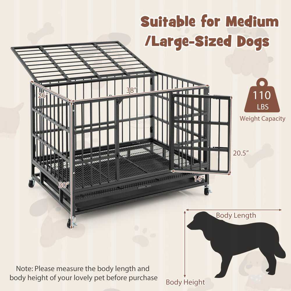 Foldable 38-inch heavy-duty metal dog cage with lockable doors and rolling casters, ideal for medium to large dogs.