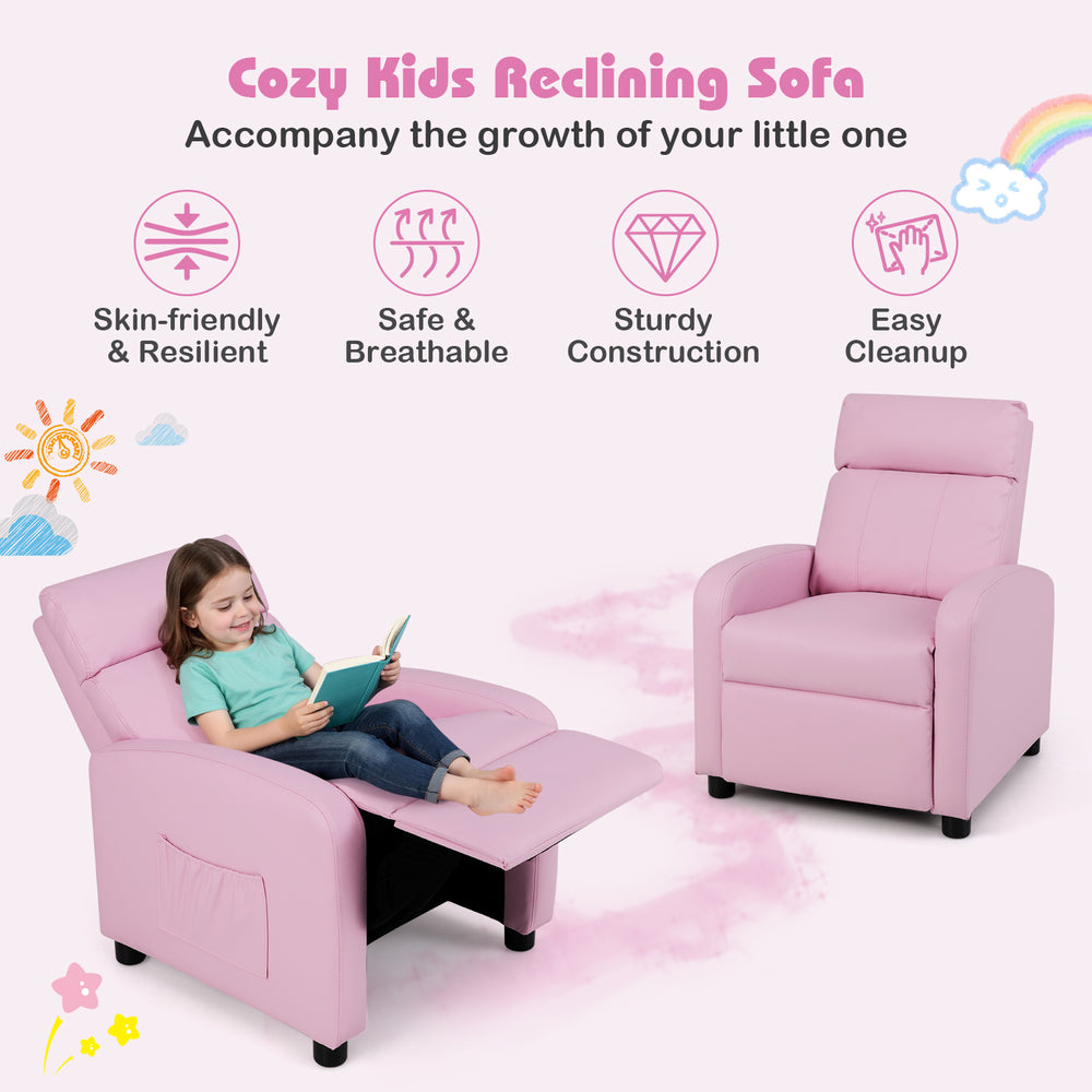 Cozy pink kids recliner sofa with adjustable backrest, high-density sponge padding, and side pocket for toys.