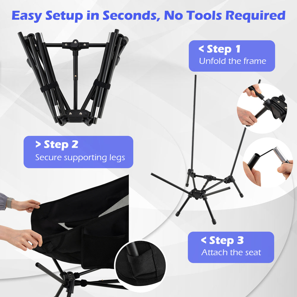 High Back Portable Camping Chair setup steps showing frame unfolding, leg securing, and seat attachment for easy.