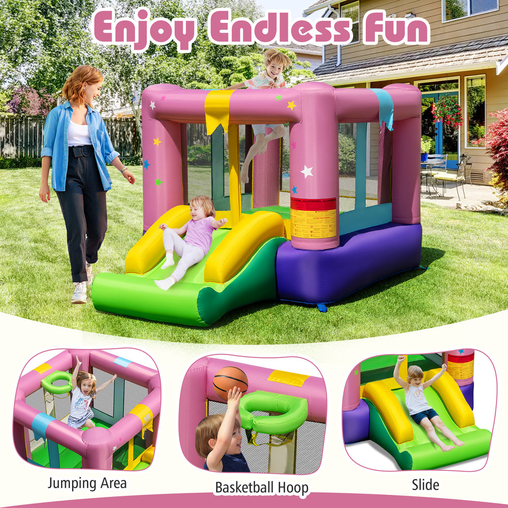 Bouncy castle featuring a vibrant slide and basketball hoop, designed for safe, fun outdoor play for children aged 3-12.