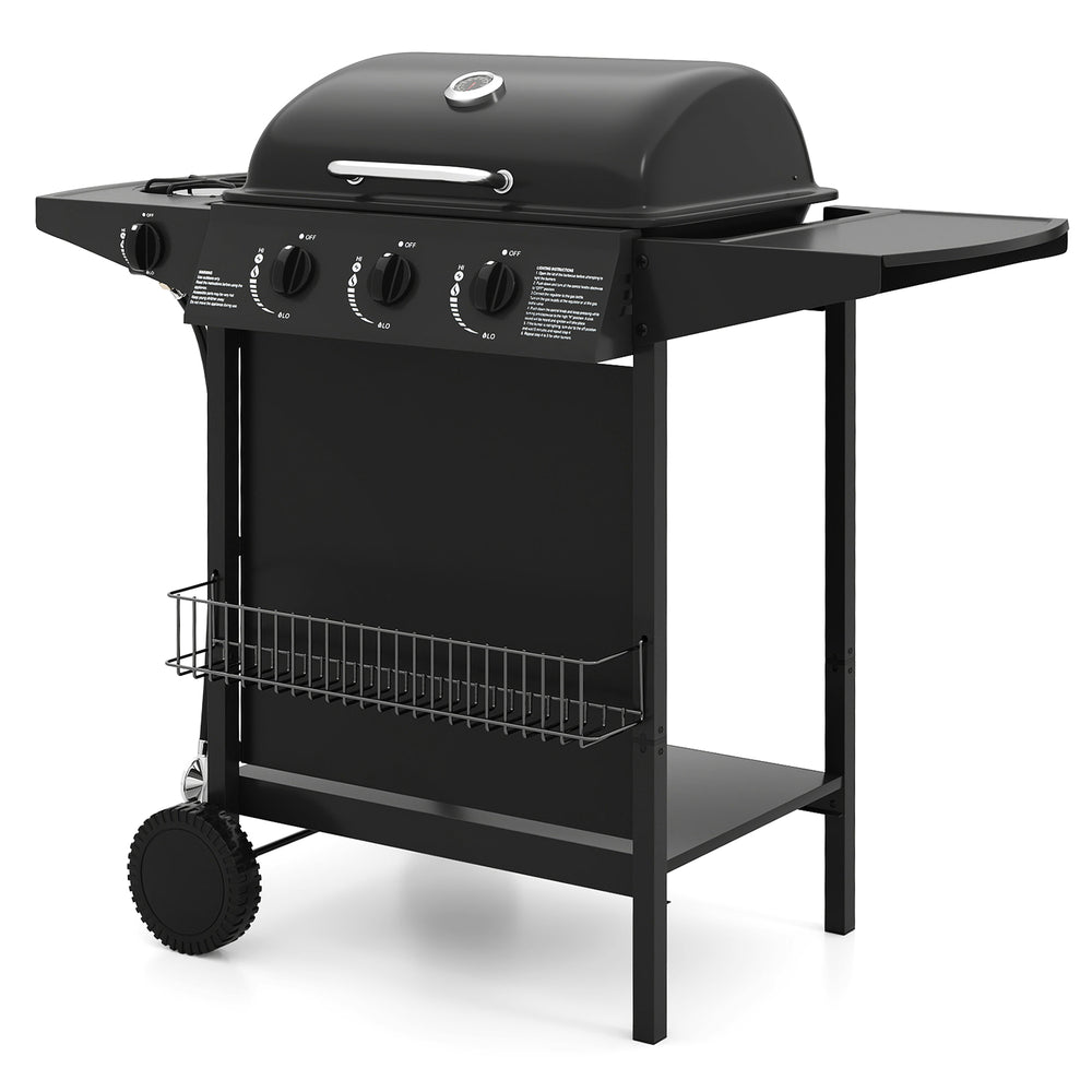 Black propane gas grill on wheels with 39,000 BTU, three burners, side table, and built-in thermometer for outdoor.
