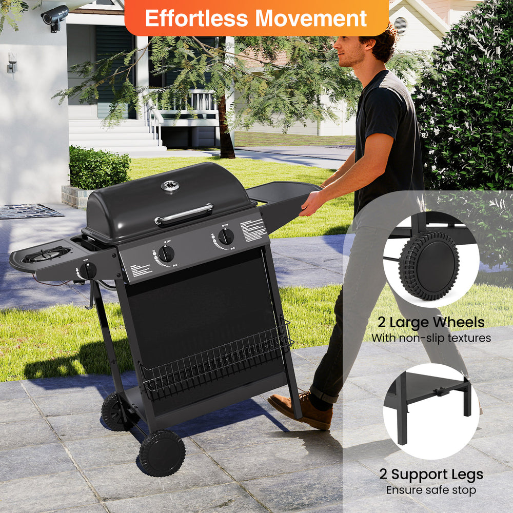 Outdoor propane gas grill on wheels with 39,000 BTU, large wheels for easy mobility, and sturdy support legs.