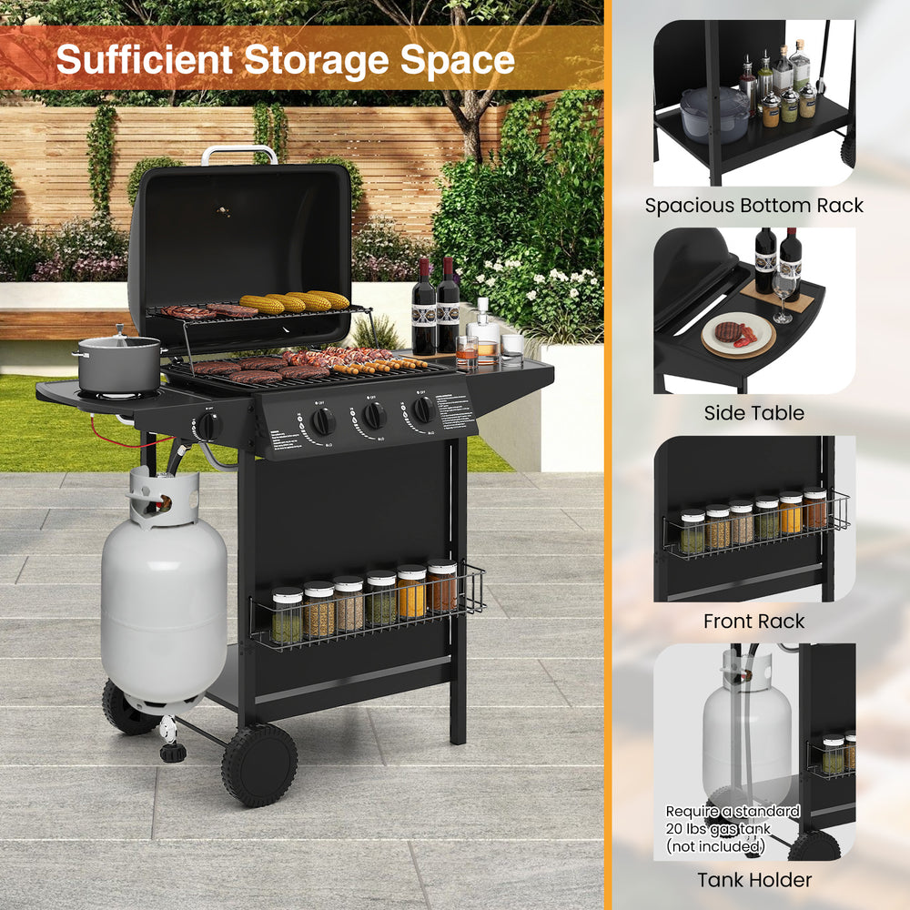 39,000 BTU outdoor propane gas grill with three burners, side table, and spacious storage for easy outdoor cooking.
