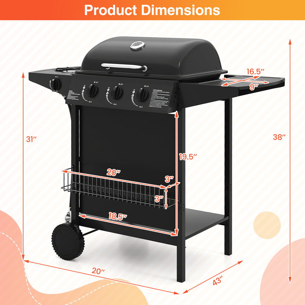 Dimensions of the 39,000 BTU outdoor propane gas grill on wheels, featuring three burners and ample storage space.