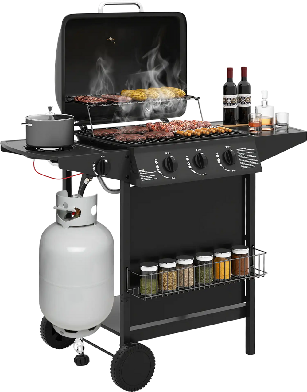 39,000 BTU outdoor propane gas grill with three burners, side burner, and spacious cooking zone on wheels for easy.