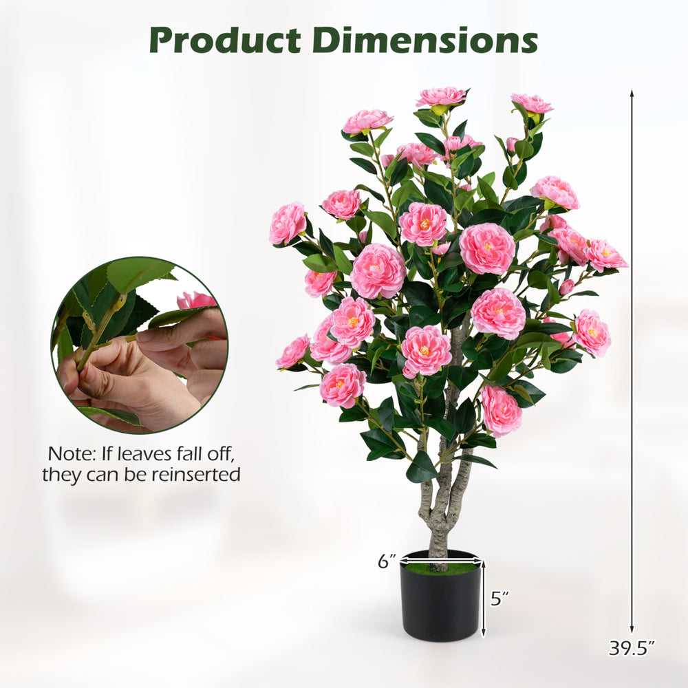 Artificial 39.5" camellia tree with pink blossoms in a cement pot, perfect for home decoration and low-maintenance display.