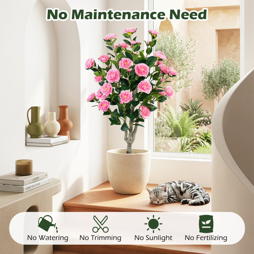 Artificial camellia tree with pink blossoms in a cement pot, perfect for home decoration with no maintenance needed.
