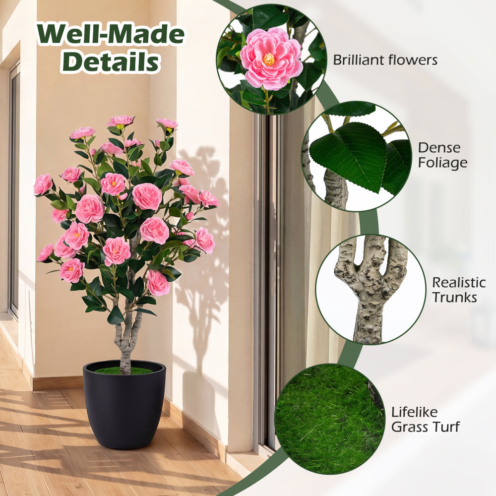 Artificial 39.5" camellia tree with vibrant orange flowers and dense foliage in a cement pot, perfect for home decoration.