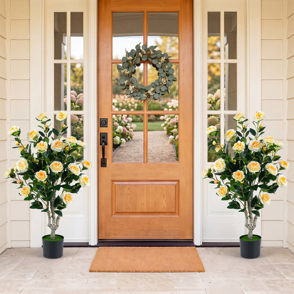 39.5" Artificial Camellia Tree with Orange Blossoms in Cement Pot for Home Decoration-White - Gallery View 1 of 9